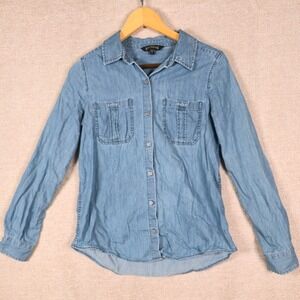 Express Womens Light Wash Denim Chambray Button Down Shirt Size Small Cotton